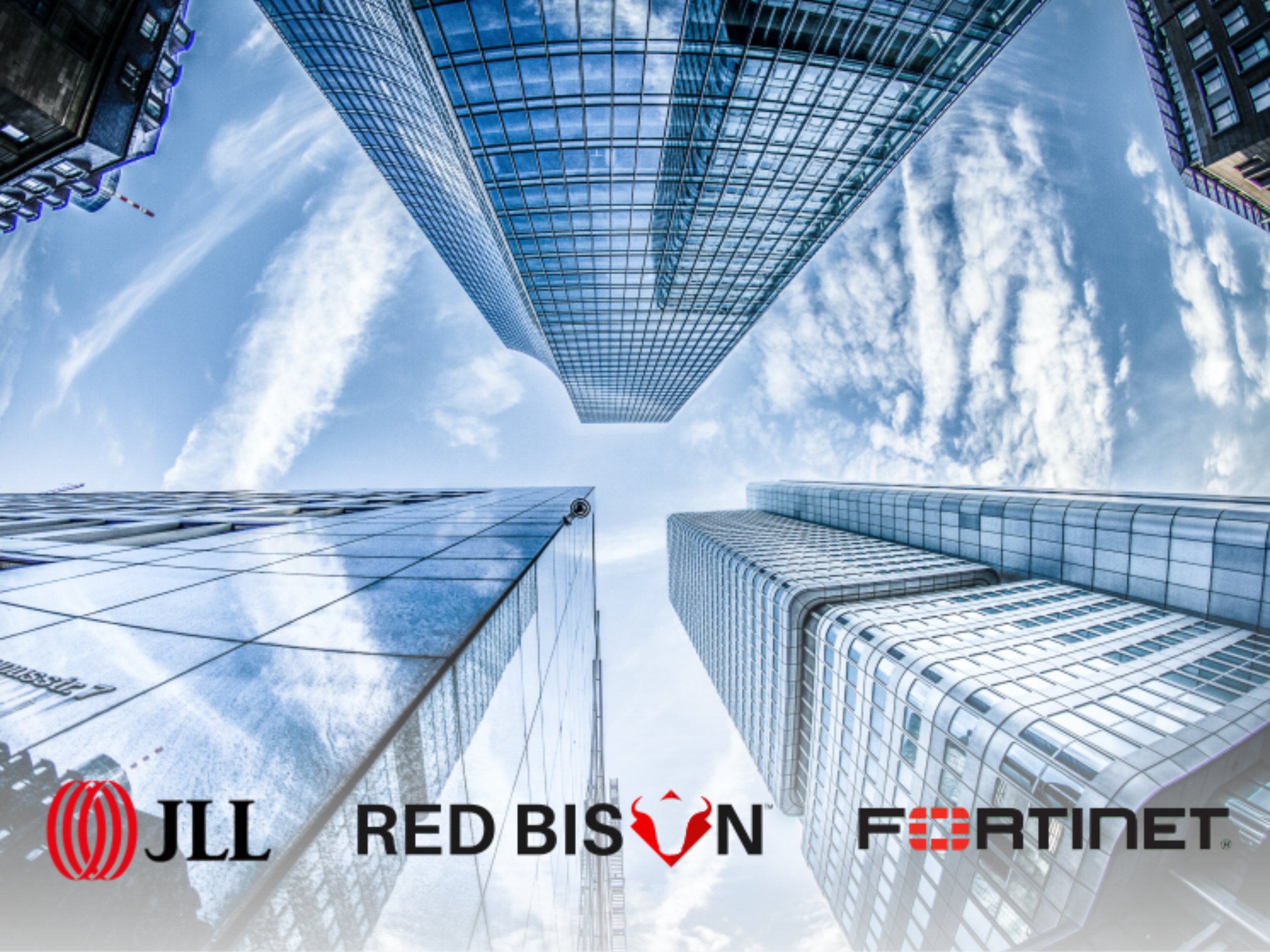 Picture of three tall business sky scrapers, Logos: JLL, Red Bison, Fortinet